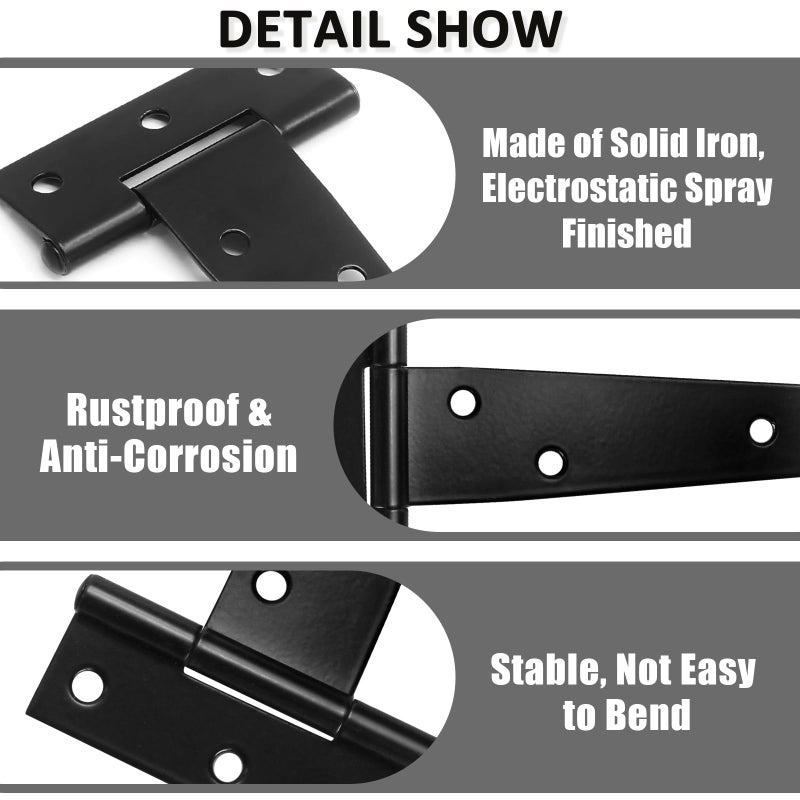 Murtenze 12Pack 2 Inch Black T-Strap Shed Hinge,Barn Door Hinges Heavy Duty Gate Strap Hinge T Hinges for Barn Door, Shed or Wooden Fences - Image 3